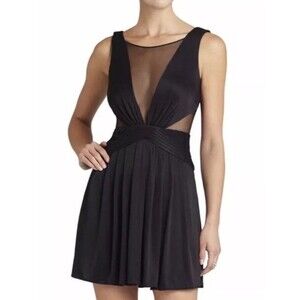 BCBGMAXAZRIA Lacee Dress Medium Black Mesh Sheer V-neck Fit & Flare Mini EUC
